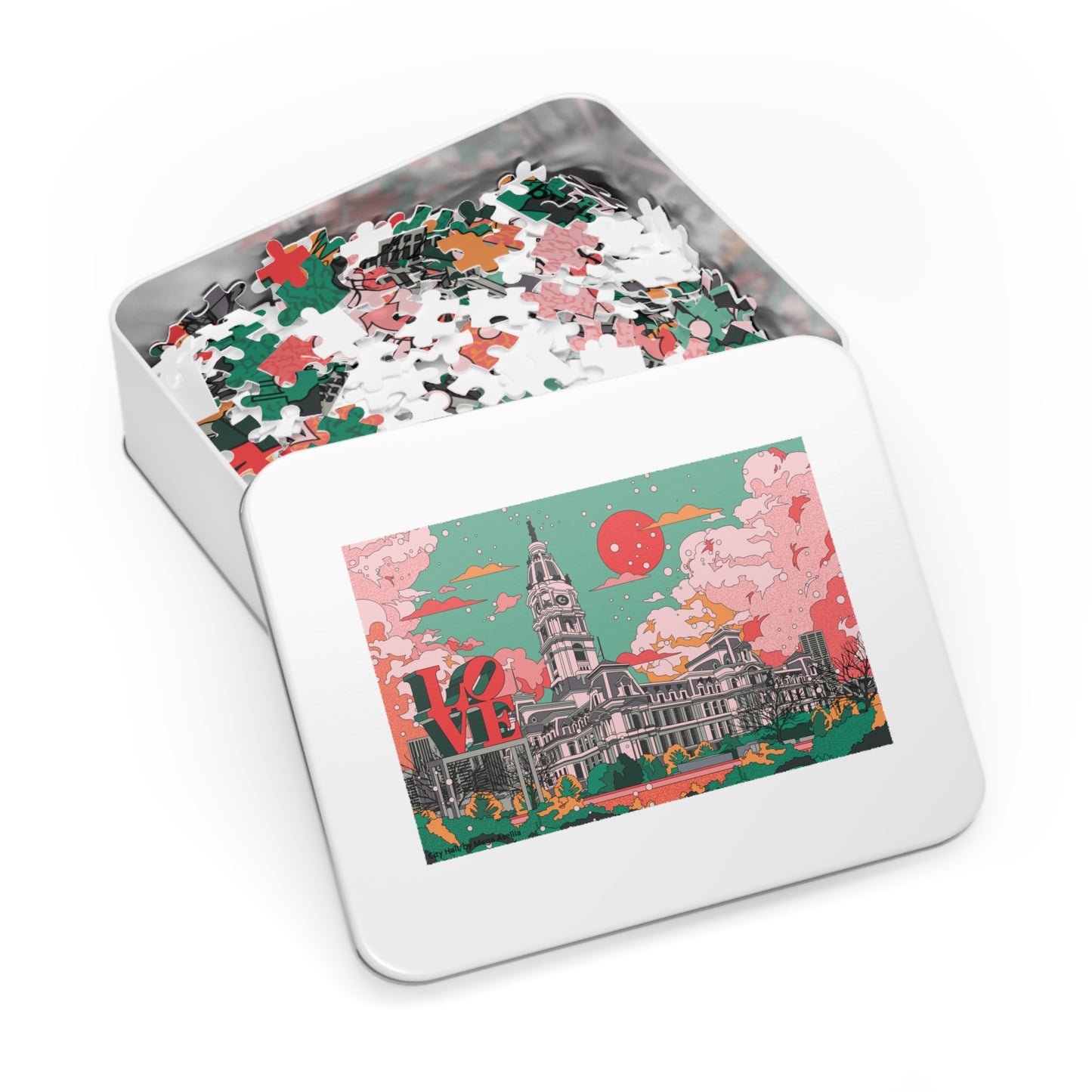 City Hall LOVE Jigsaw Puzzle with Tin — Retro Pink & Teal Skyline Puzzle
