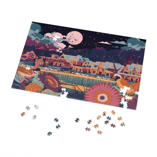 Boathouse Row Jigsaw Puzzle Tin — Vintage Village Nightscape Puzzle (with Flowers & Birds)