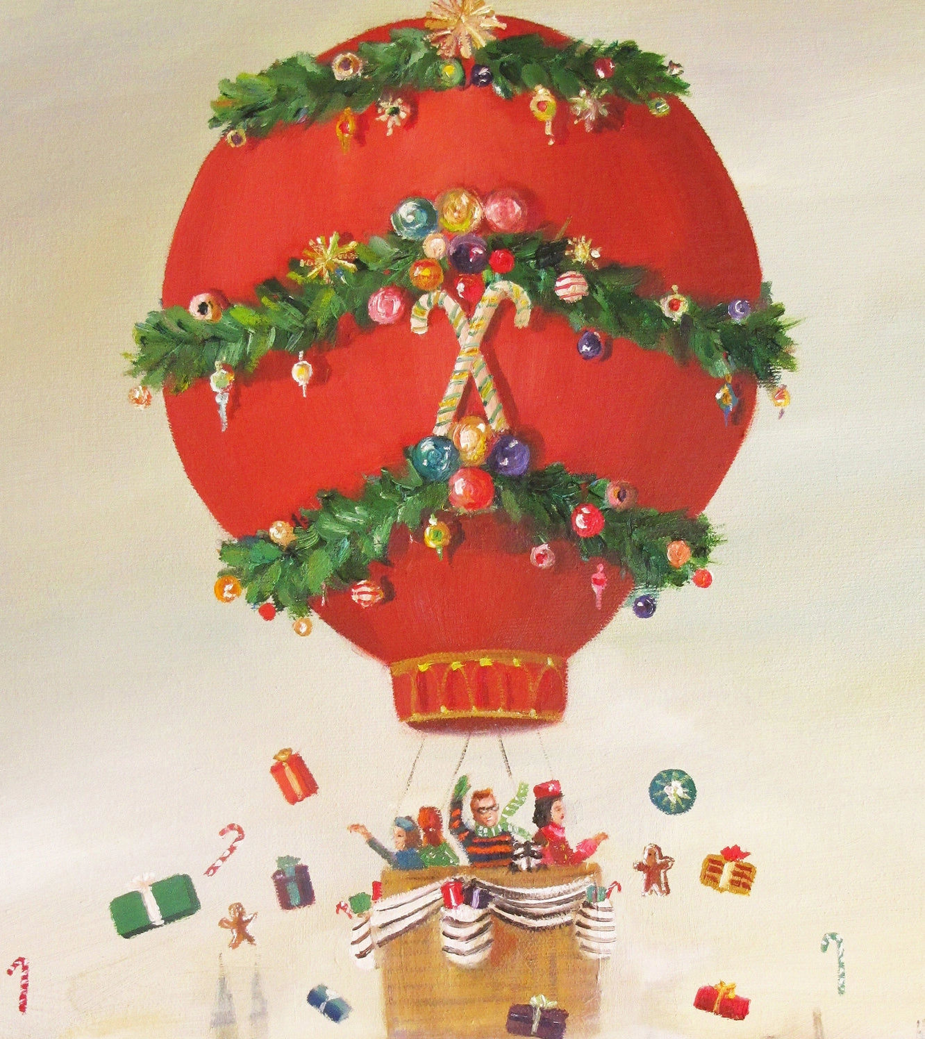 Peppermint Family Christmas Balloon Ride, Open Edition Print by Janet Hill