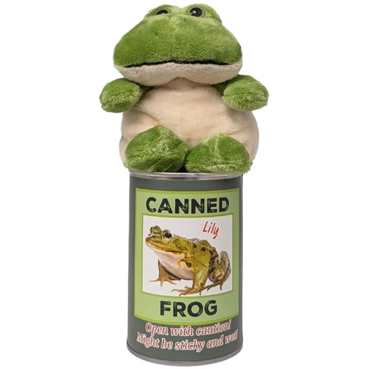Lily the frog plush emerging from Canned Frog novelty tin can gift