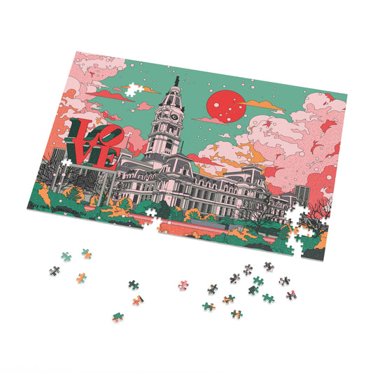 City Hall LOVE Jigsaw Puzzle with Tin — Retro Pink & Teal Skyline Puzzle