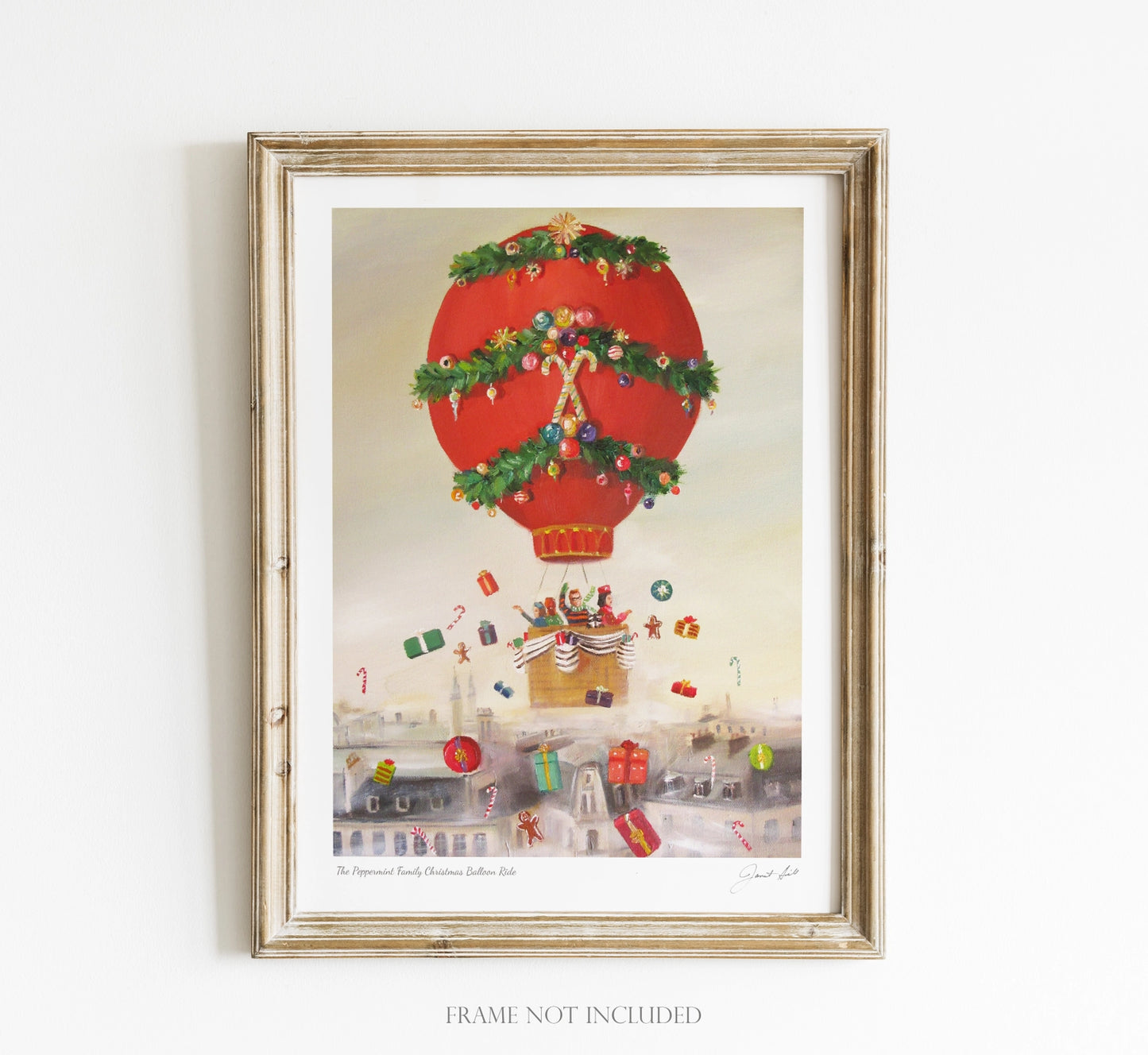 Peppermint Family Christmas Balloon Ride, Open Edition Print by Janet Hill