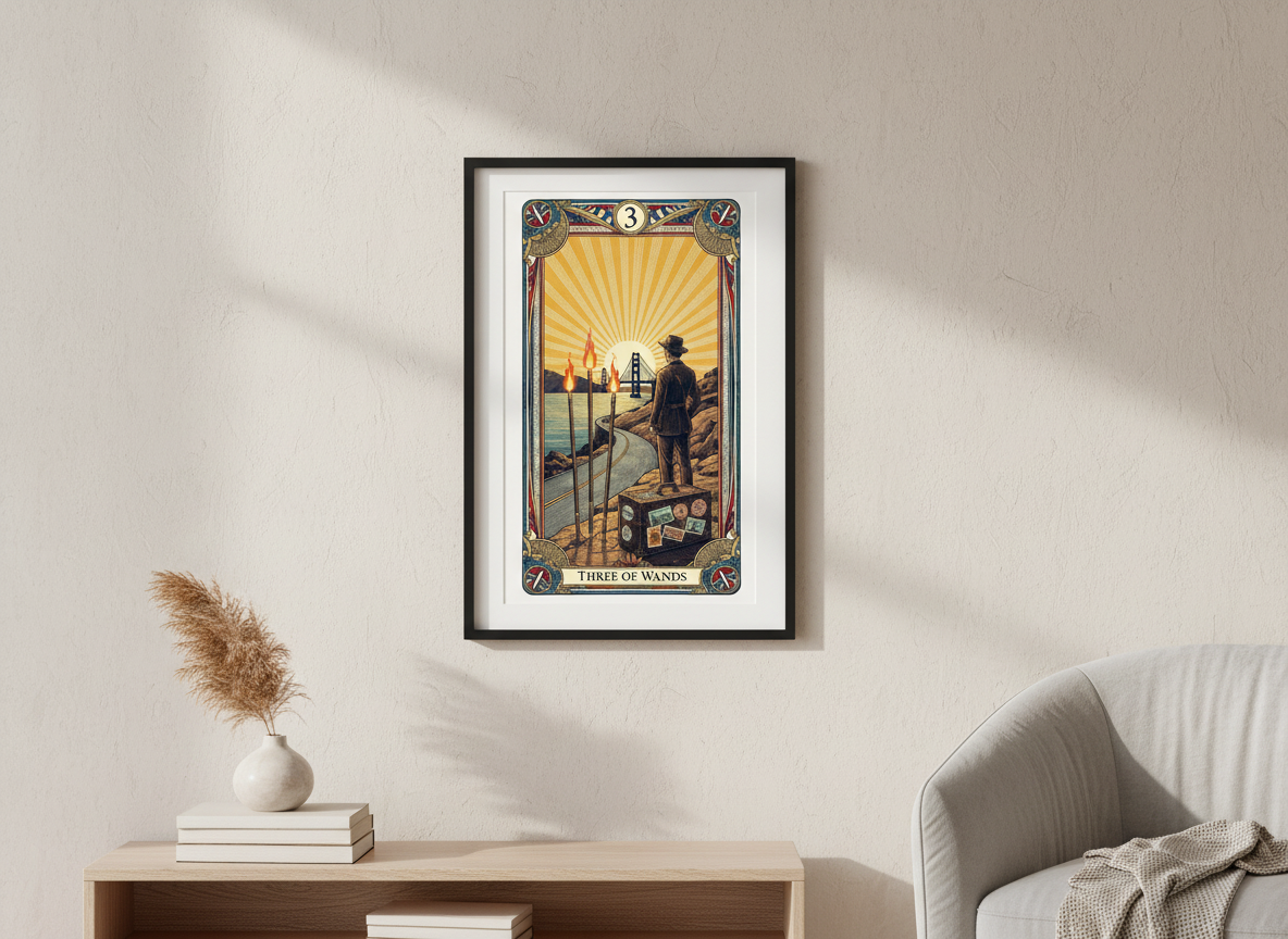 America 250 Tarot Series - Three of Wands a commemorative tarot collection celebrating 1776–2026.