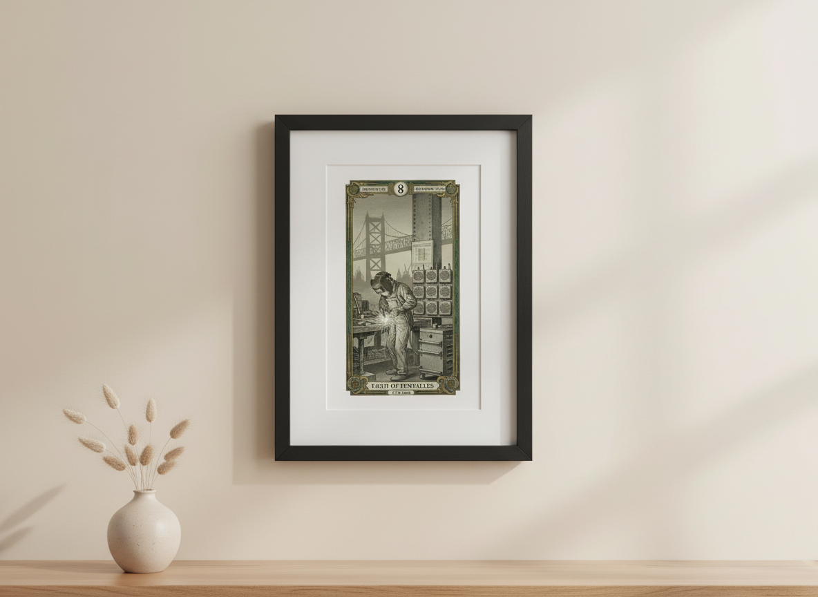 America 250 Tarot Series - Eight of Pentacles, a commemorative tarot collection celebrating 1776–2026.