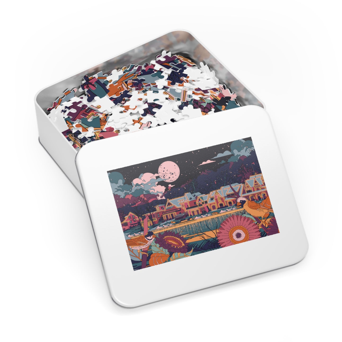 Boathouse Row Jigsaw Puzzle Tin — Vintage Village Nightscape Puzzle (with Flowers & Birds)