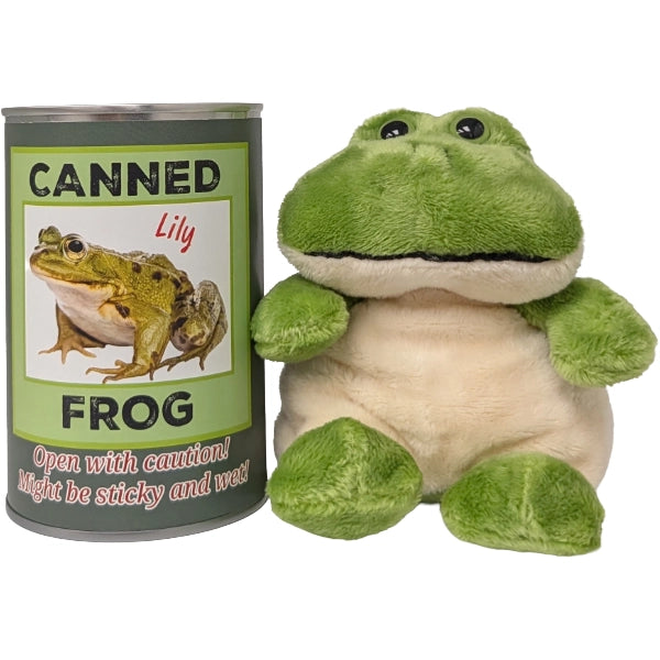 Canned Frog novelty gift — Lily plush frog next to decorative tin can with warning label