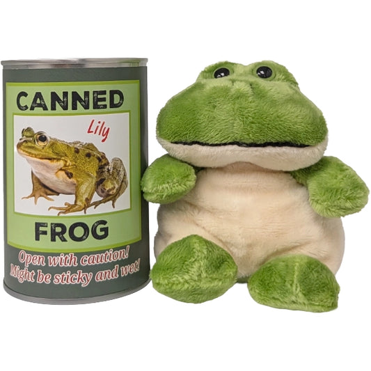 Canned Frog novelty gift — Lily plush frog next to decorative tin can with warning label