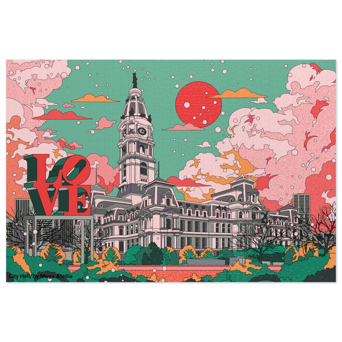 City Hall LOVE Jigsaw Puzzle with Tin — Retro Pink & Teal Skyline Puzzle