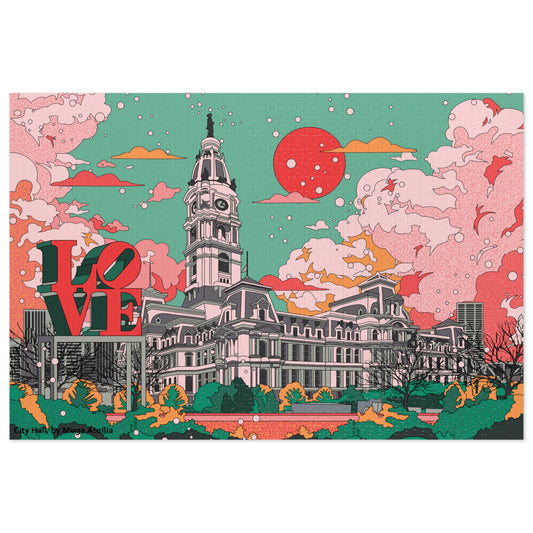 City Hall LOVE Jigsaw Puzzle with Tin — Retro Pink & Teal Skyline Puzzle