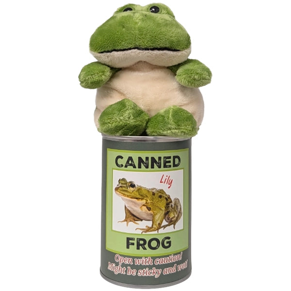 Lily the frog plush emerging from Canned Frog novelty tin can gift