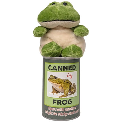 Lily the frog plush emerging from Canned Frog novelty tin can gift