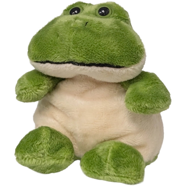 Close-up of Lily the green frog stuffed animal from Canned Frog novelty gift set