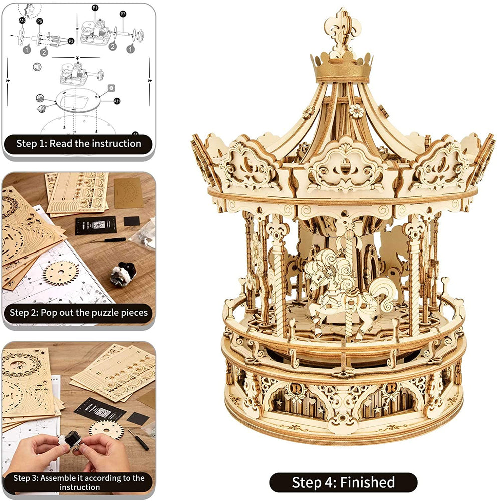 Romantic Carousel Mechanical Music Box 3D Wooden Puzzle AMK62