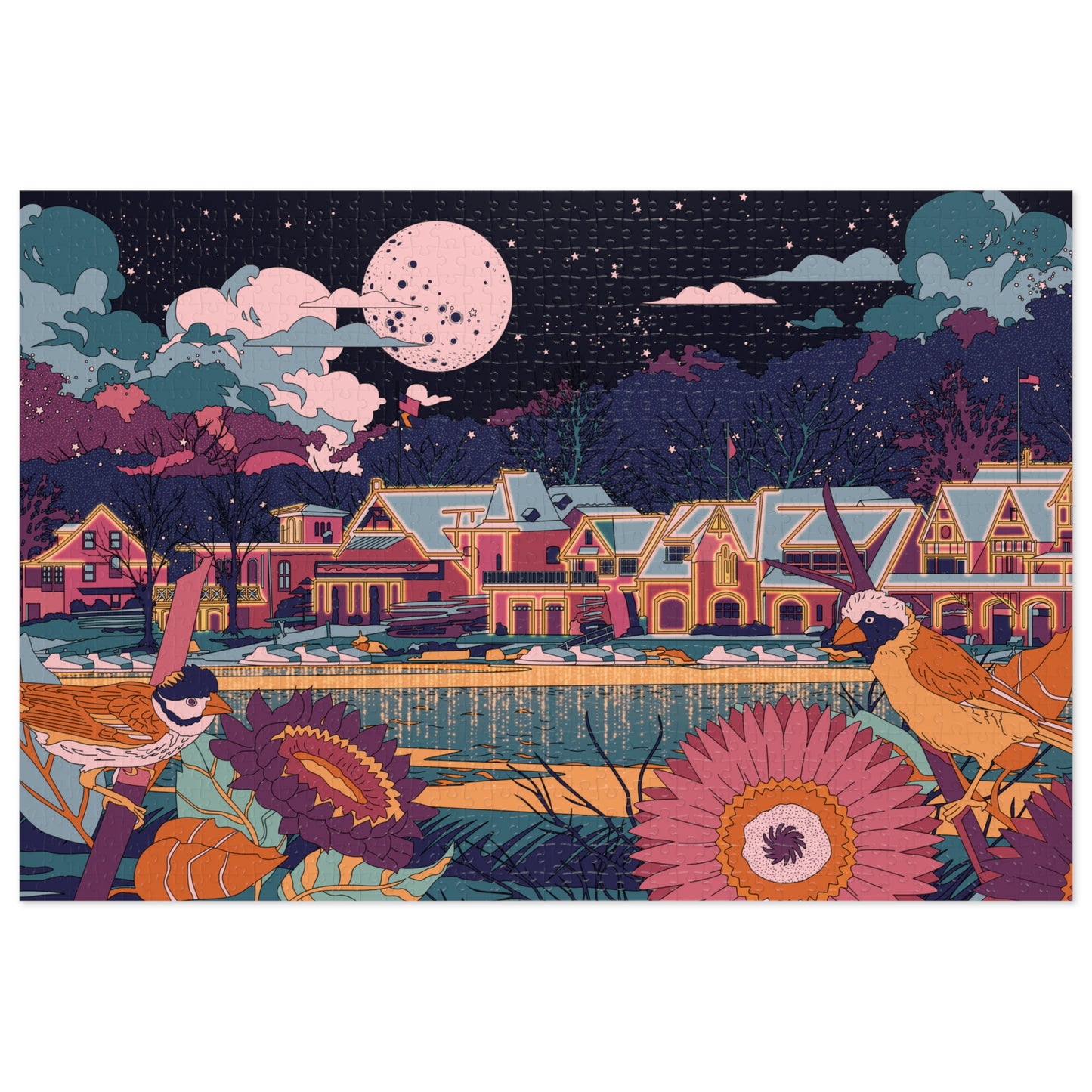 Boathouse Row Jigsaw Puzzle Tin — Vintage Village Nightscape Puzzle (with Flowers & Birds)