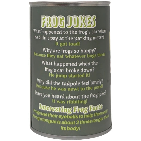 Canned Frog tin can back label with frog jokes and interesting frog facts