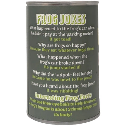 Canned Frog tin can back label with frog jokes and interesting frog facts