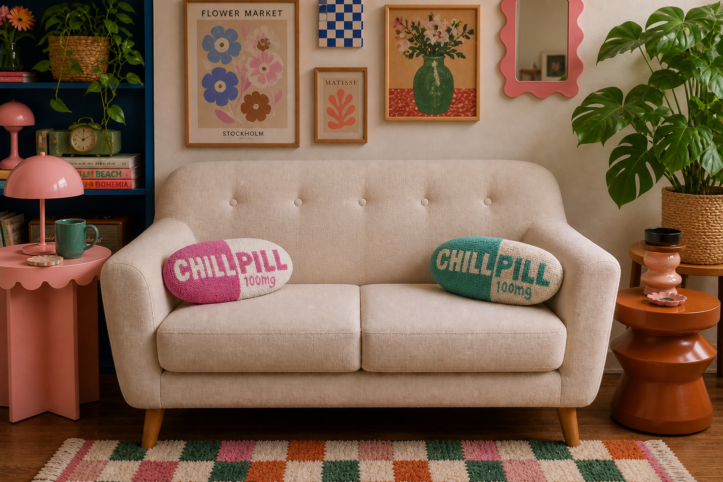 Chill Pill Hook Pillow Blue and Pink color
