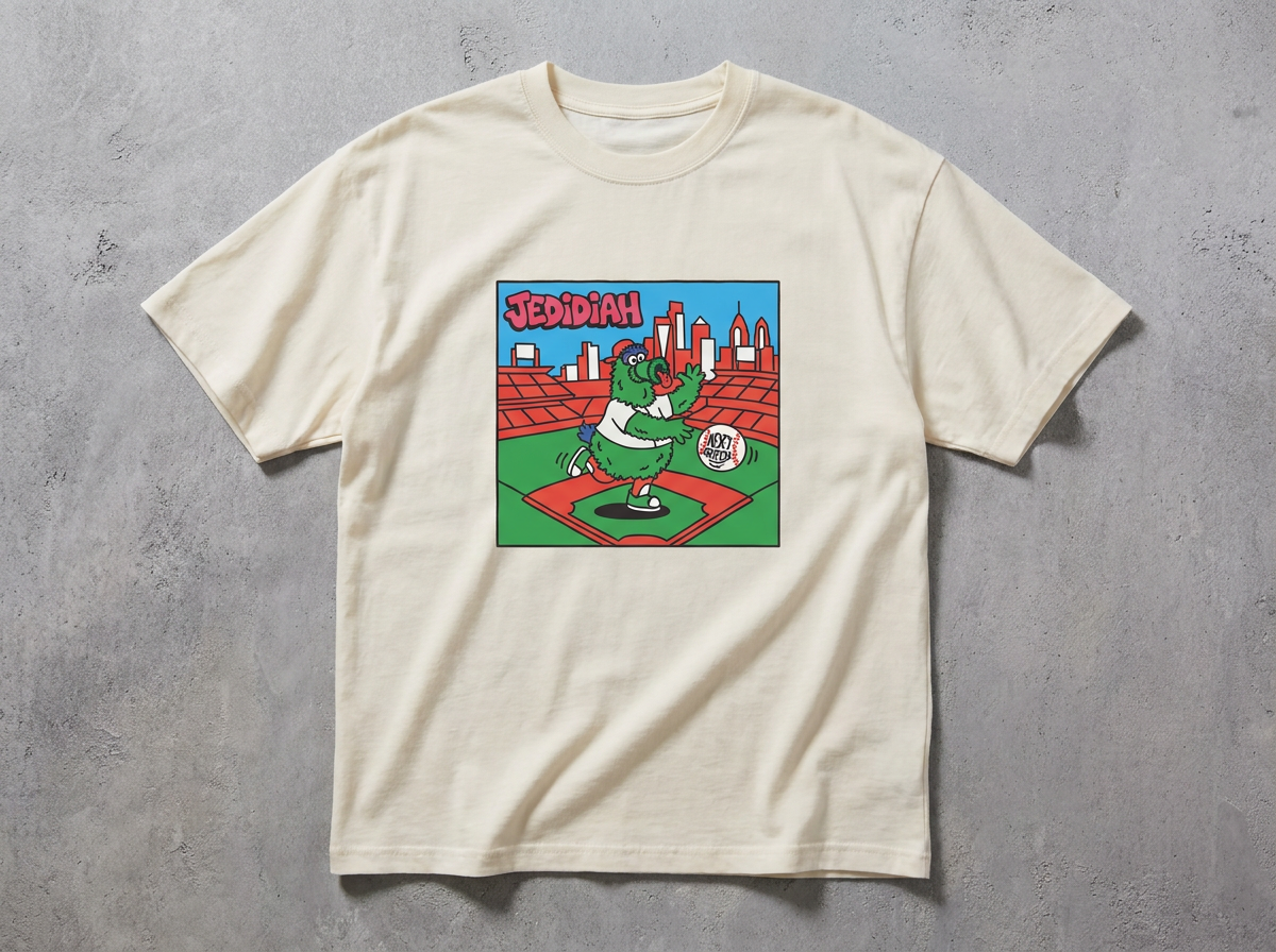 An off-white short-sleeve t-shirt with a colorful graphic print of a cartoon Phillies Phanatic on a baseball field, laid flat on a textured gray background.