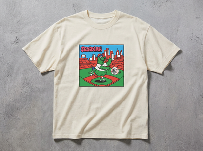 An off-white short-sleeve t-shirt with a colorful graphic print of a cartoon Phillies Phanatic on a baseball field, laid flat on a textured gray background.