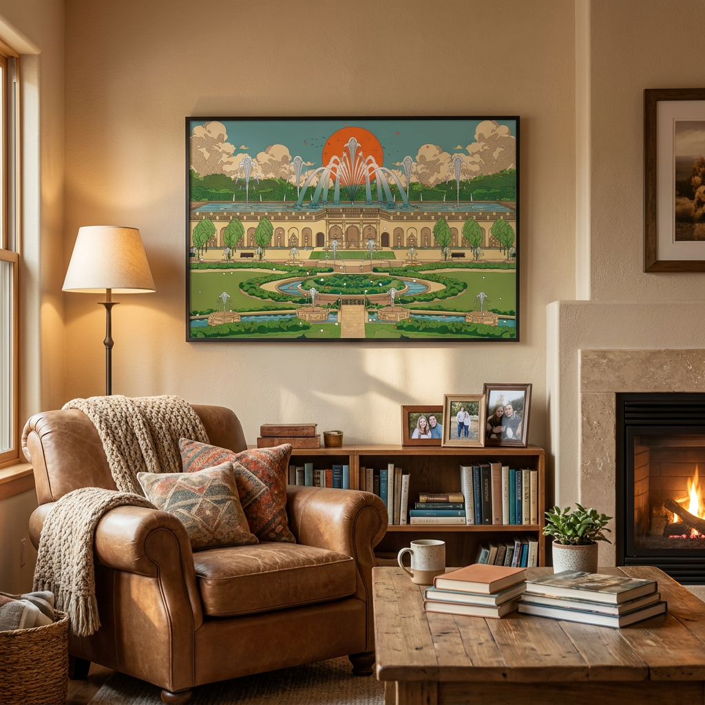 Fine art giclée print of Longwood Gardens by artist Mega Asellia, showing lush gardens and architectural detail in rich painterly color — available matted and framed at Jedidiah Gallery