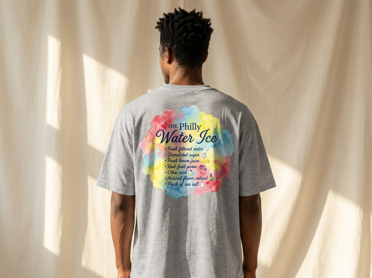 A man viewed from behind wearing a heather gray t-shirt with a colorful watercolor-style graphic on the back that reads 'The Philly Water Ice' with a list of phrases underneath, set against a draped cream fabric backdrop with soft window light.