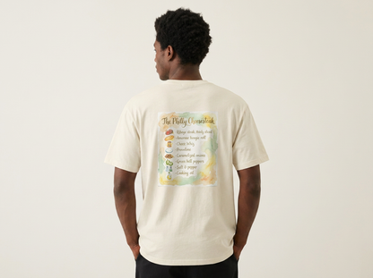 Model wearing Jedidiah Philly Cheesesteak T-shirt back — watercolor recipe illustration with ingredients listed in script on cream tee