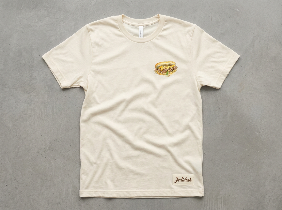 Jedidiah Philly Cheesesteak T-shirt flat lay — watercolor cheesesteak chest graphic and woven Jedidiah patch on natural cotton tee