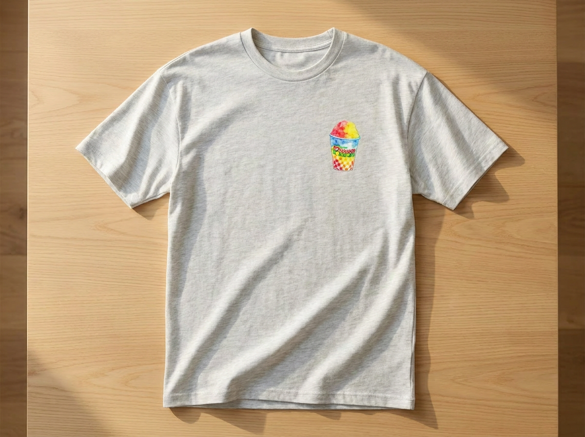 A light heather gray short-sleeve t-shirt with a small colorful Philly Water Ice graphic on the left chest, laid flat on a light wood background.