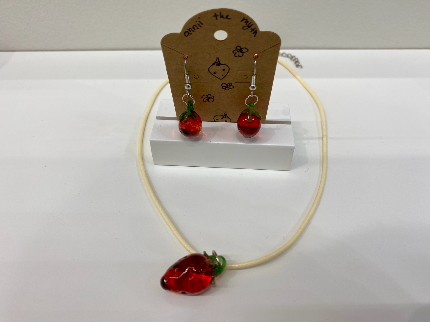 Handmade Glass Strawberry Earrings & Necklaces by local artist Annii the Myth