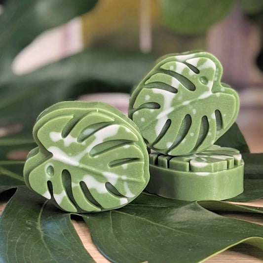 Hand made Soap-This tropical monstera leaf soap allows for your love of exotic plants extend to your sink, bringing a touch of nature's beauty to your daily routine.  Smells lush and green with notes of wild fern, bergamot, plumeria, and lemon