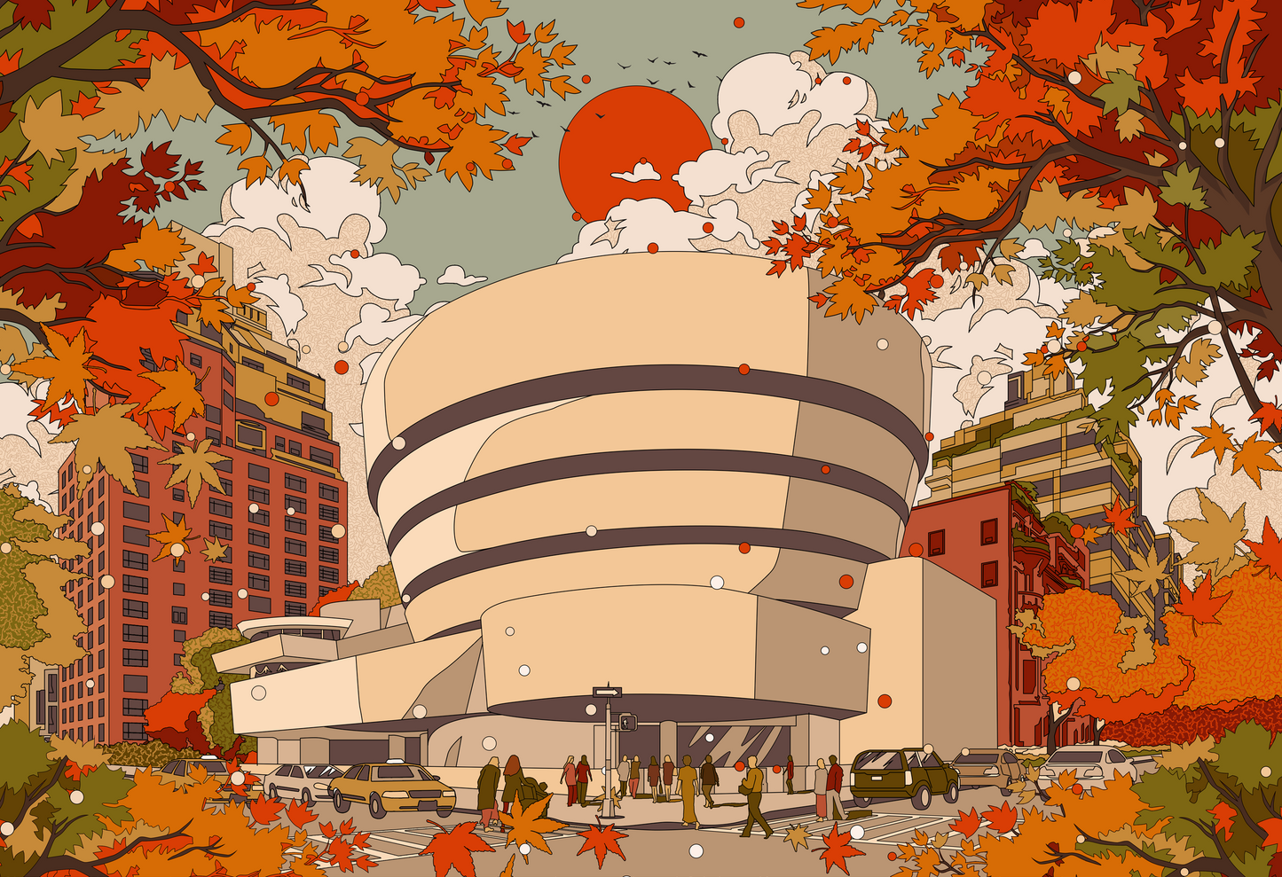 Guggenheim Museum NYC art print by Mega Asellia featuring a detailed retro-modern cityscape illustration with warm autumn foliage, available framed or unframed at 13x19 inches from Jedidiah Gallery.